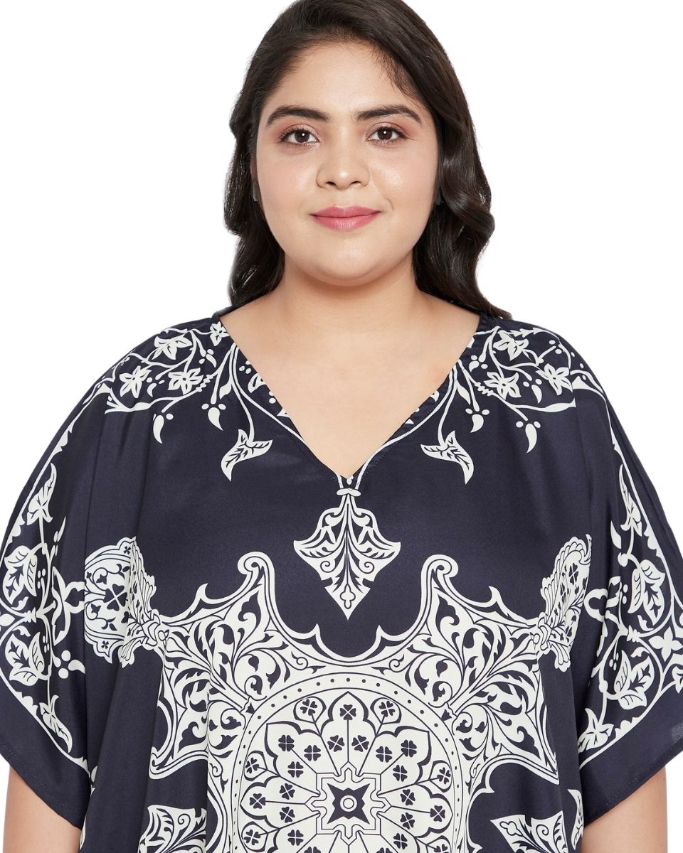 Floral Printed Navy Blue Polyester Plus Size Tunic Top For Women