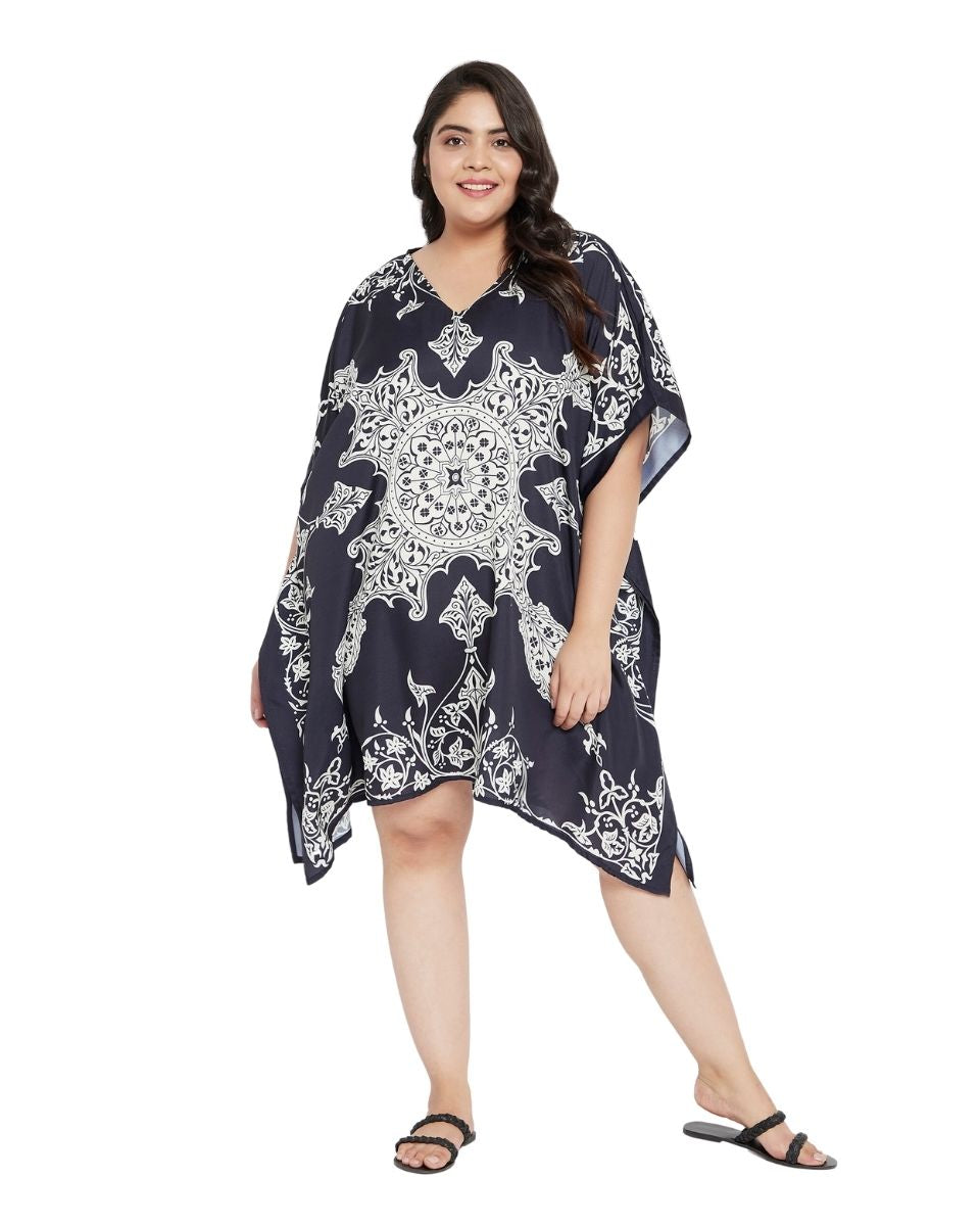 Floral Printed Navy Blue Polyester Plus Size Tunic Top For Women