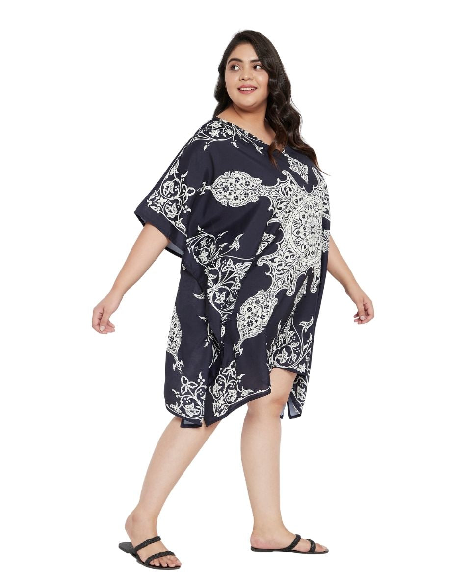 Floral Printed Navy Blue Polyester Plus Size Tunic Top For Women