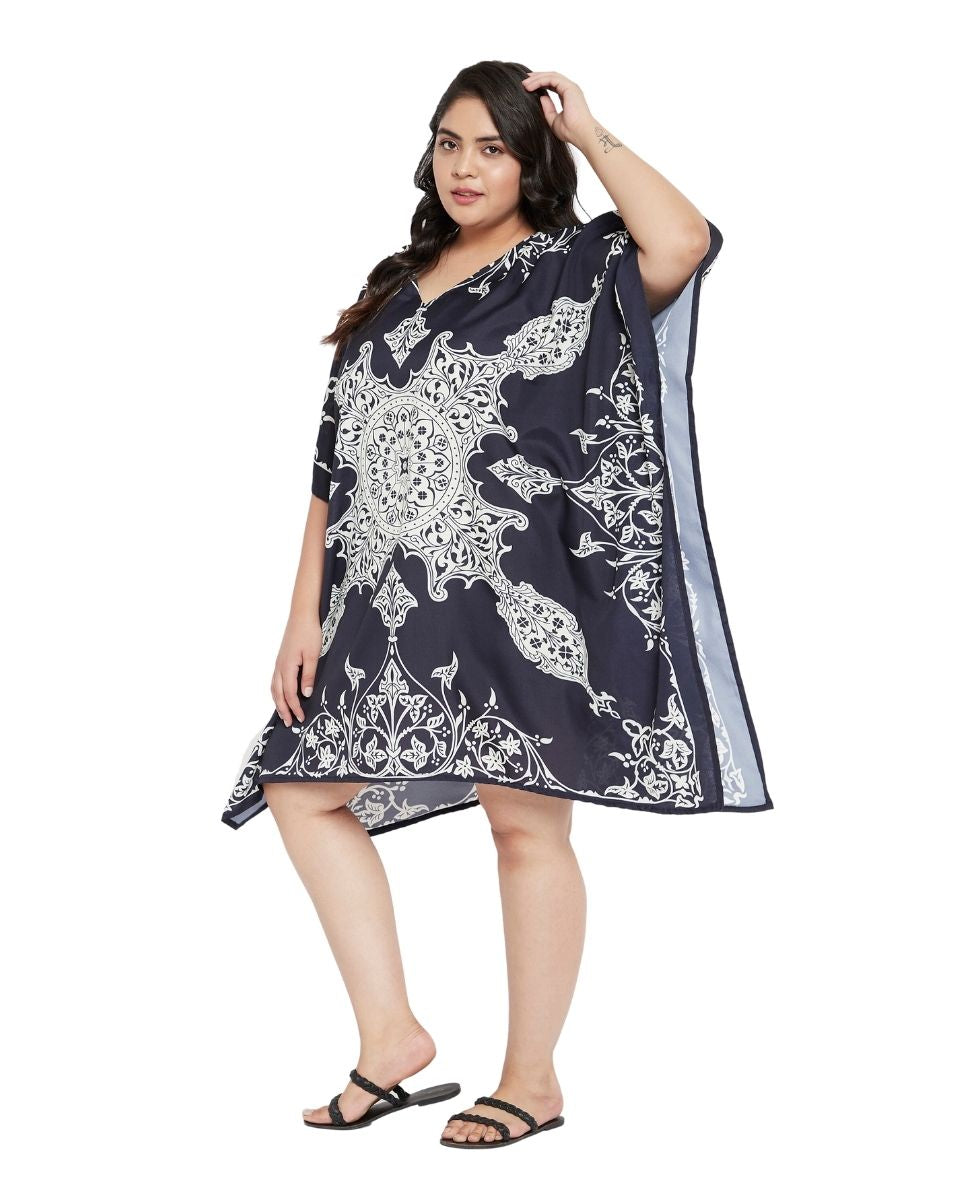 Floral Printed Navy Blue Polyester Plus Size Tunic Top For Women
