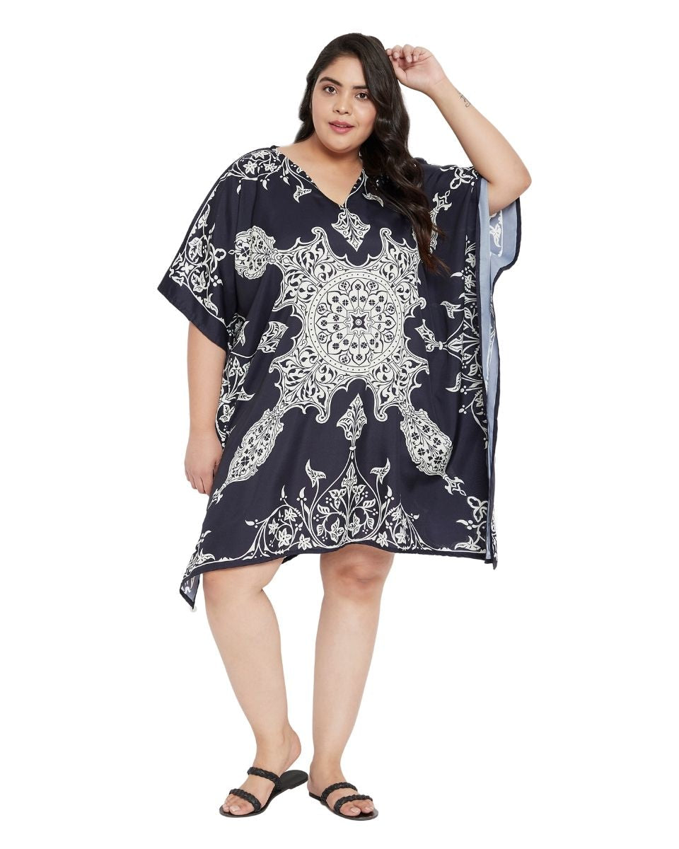 Floral Printed Navy Blue Polyester Plus Size Tunic Top For Women