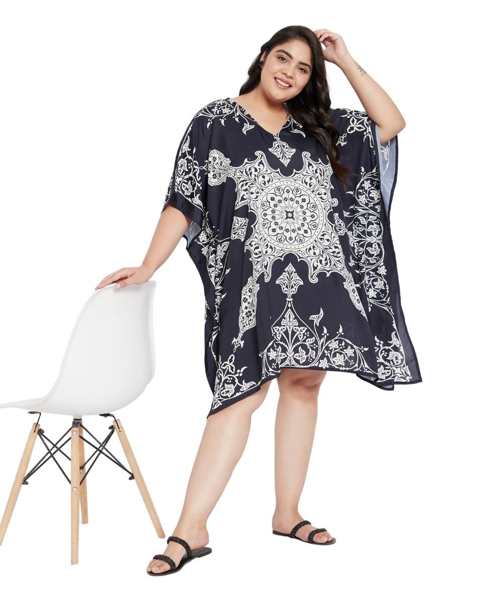 Floral Printed Navy Blue Polyester Plus Size Tunic Top For Women