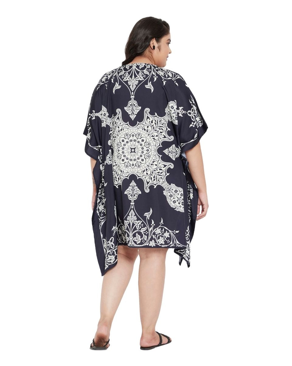 Floral Printed Navy Blue Polyester Plus Size Tunic Top For Women