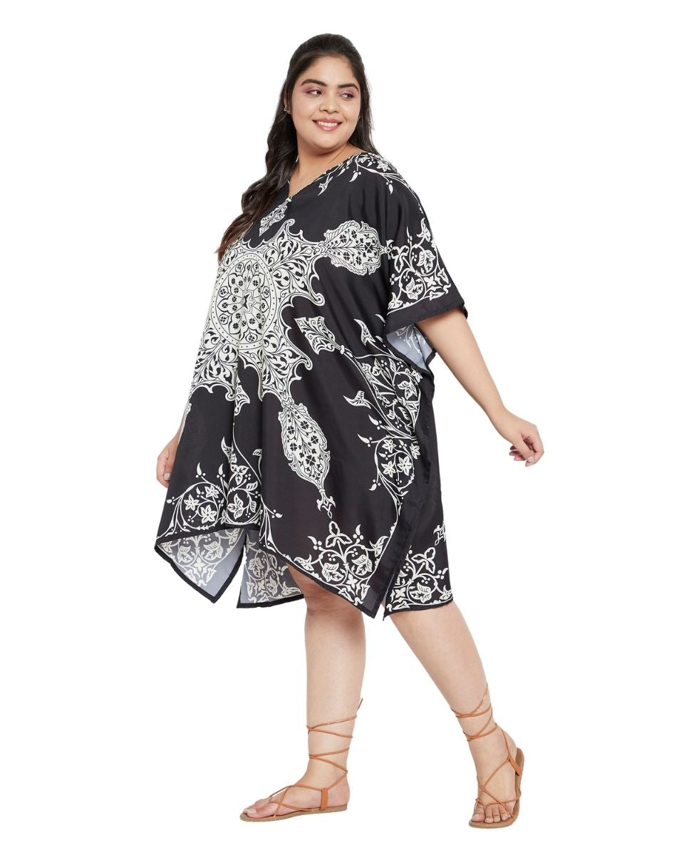 Floral Printed Black Polyester Tunic Top For Plus Size Women