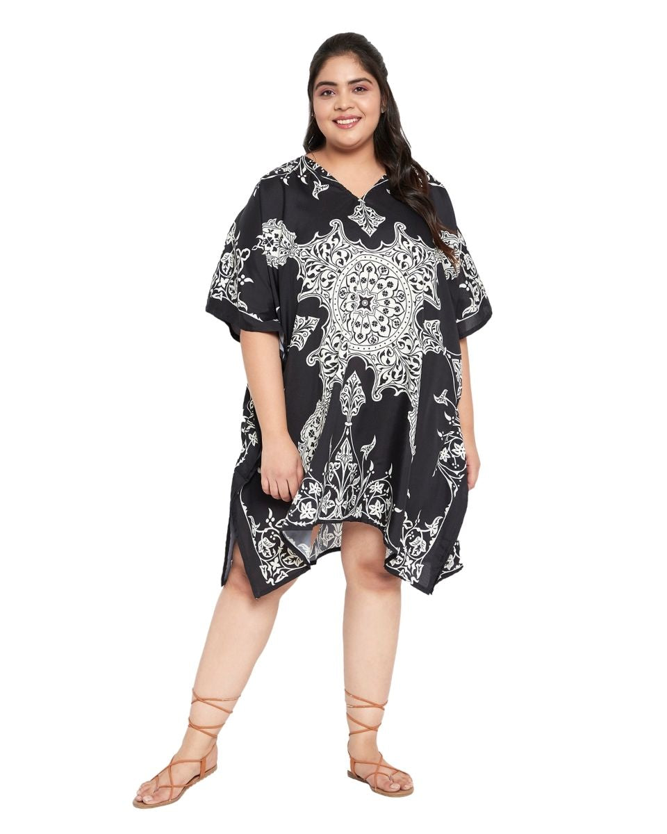 Floral Printed Black Polyester Tunic Top For Plus Size Women