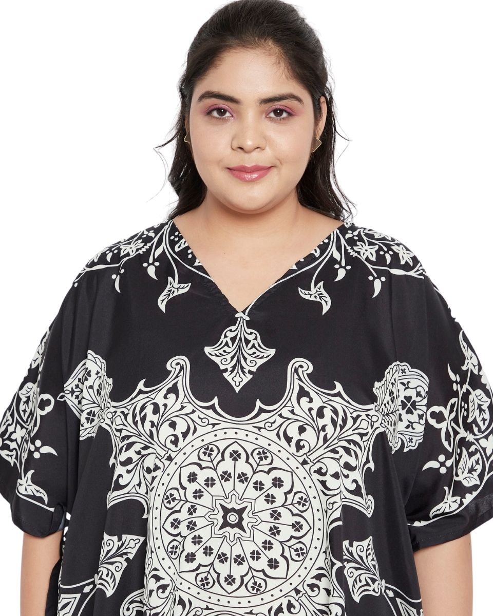 Floral Printed Black Polyester Tunic Top For Plus Size Women