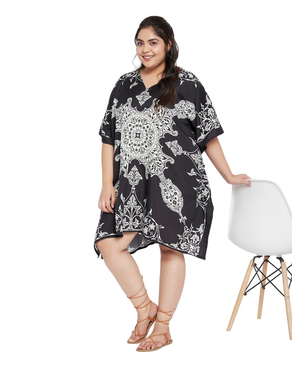 Floral Printed Black Polyester Tunic Top For Plus Size Women