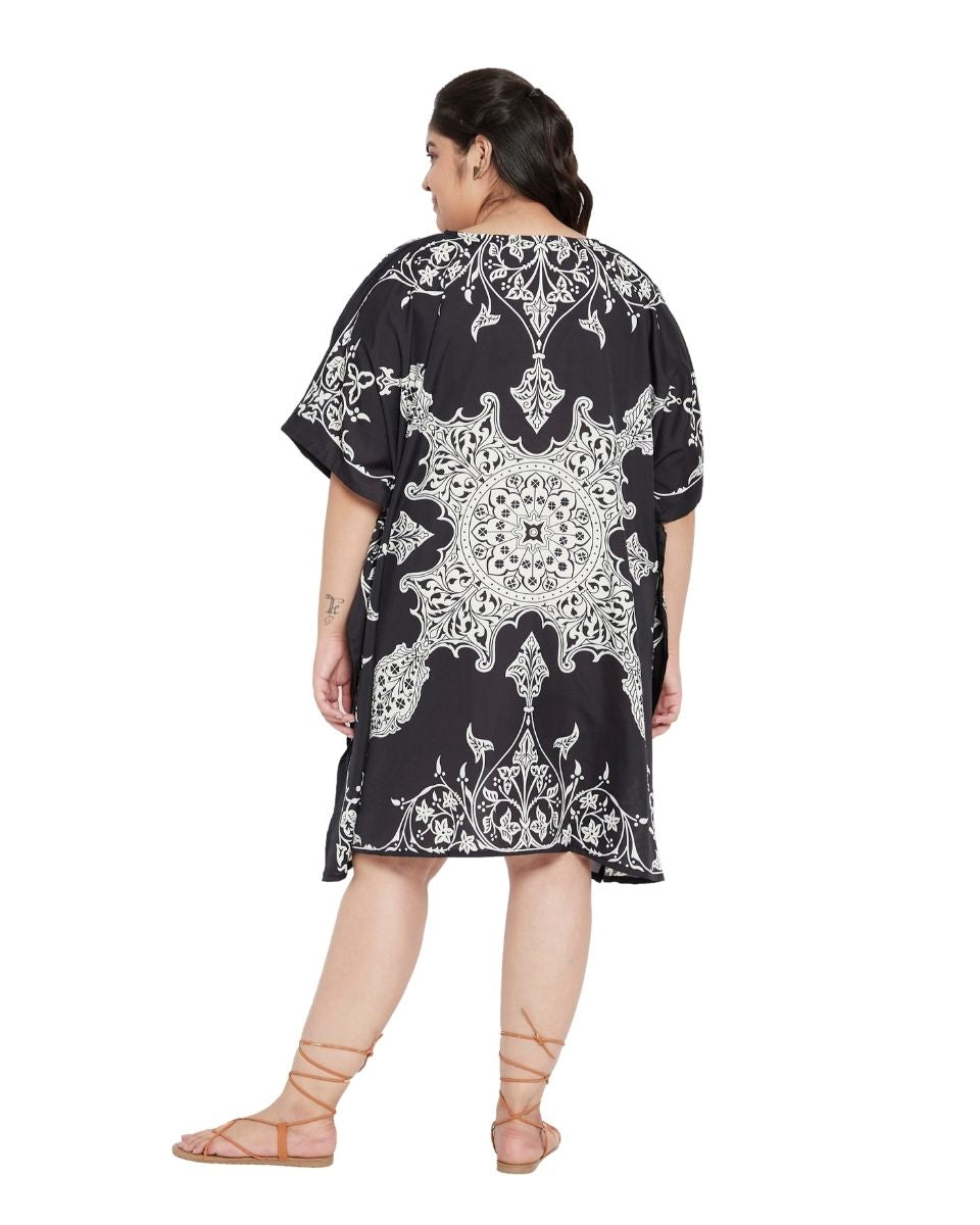 Floral Printed Black Polyester Tunic Top For Plus Size Women