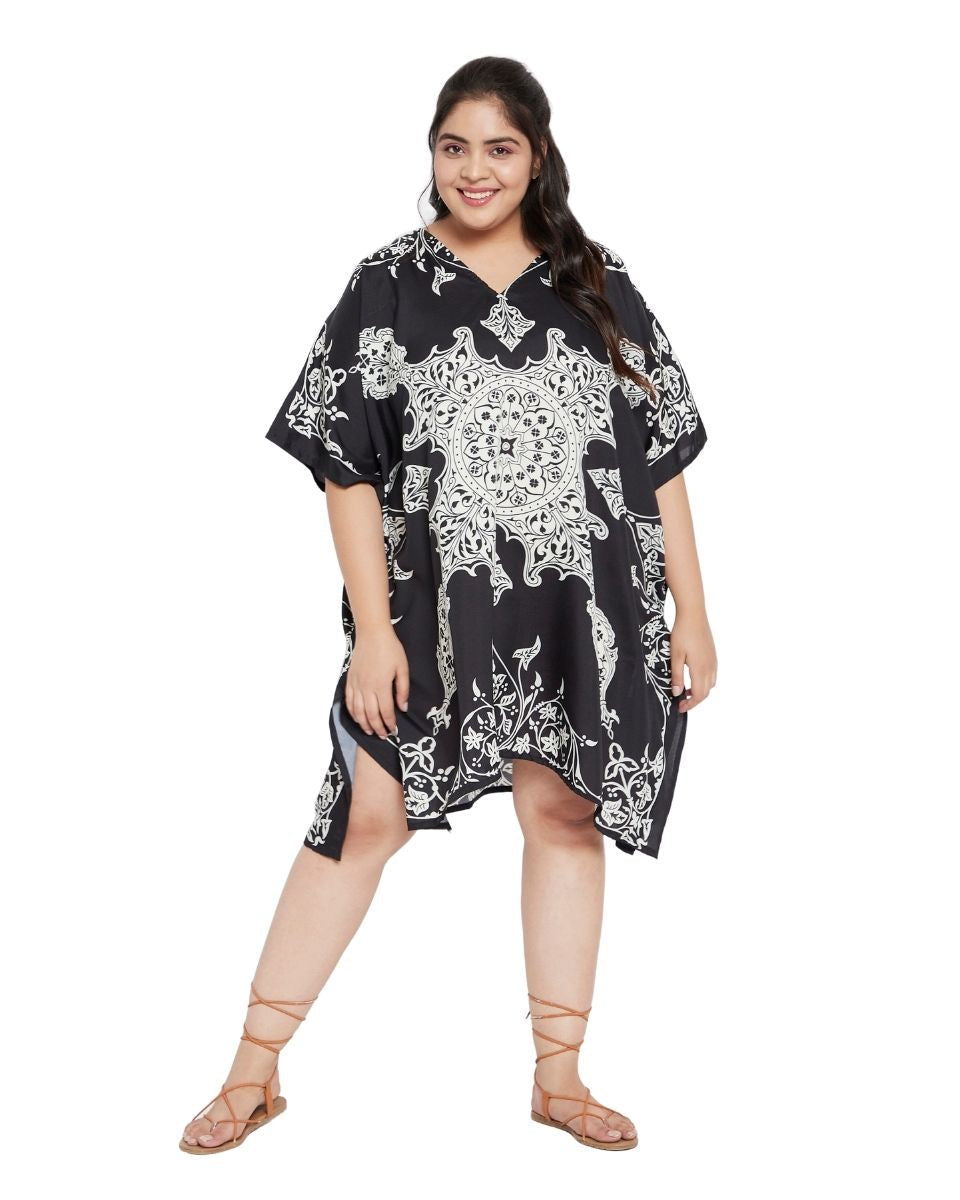 Floral Printed Black Polyester Tunic Top For Plus Size Women