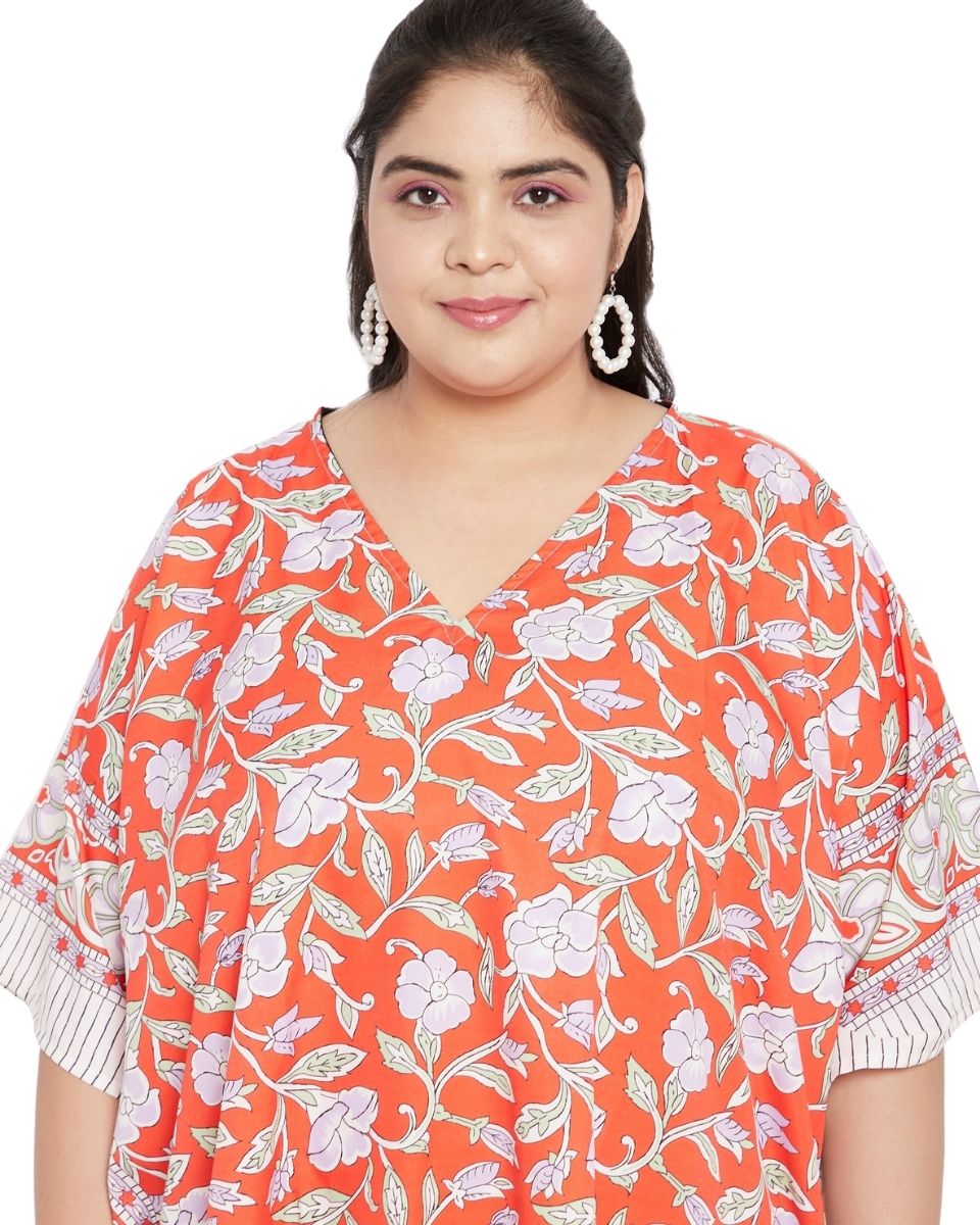 Floral Printed Orange Polyester Plus Size Tunic Top For Women
