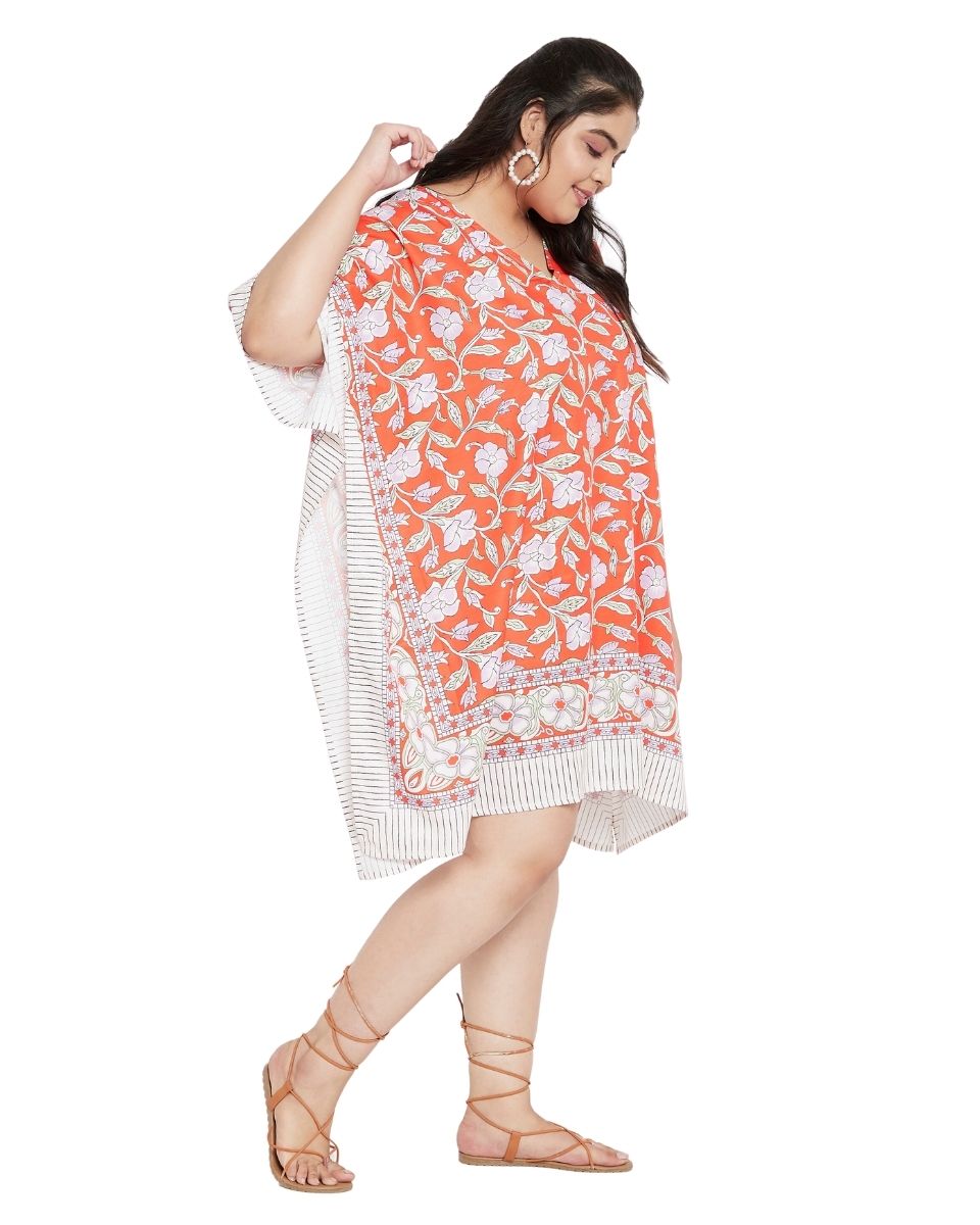 Floral Printed Orange Polyester Plus Size Tunic Top For Women