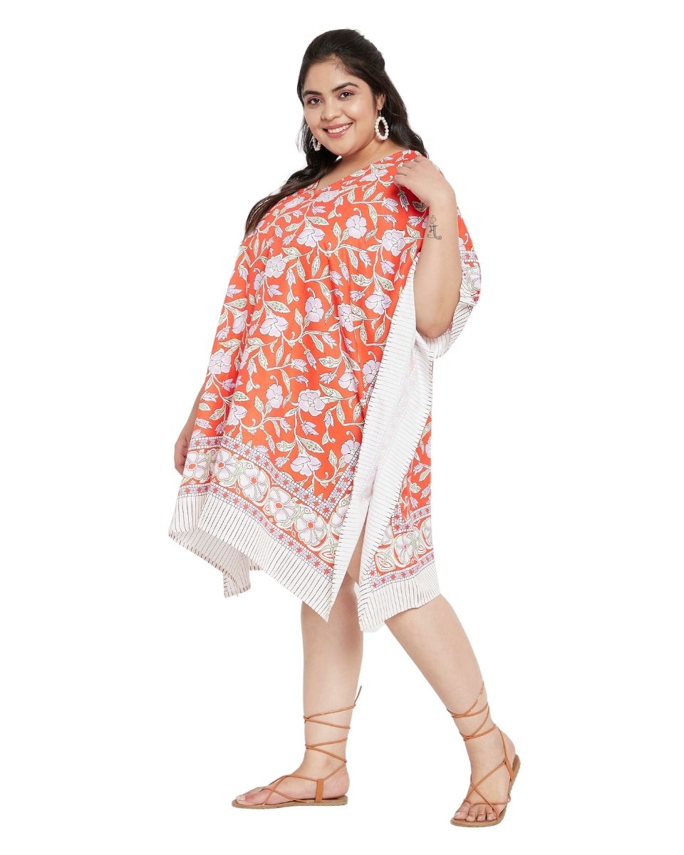 Floral Printed Orange Polyester Plus Size Tunic Top For Women