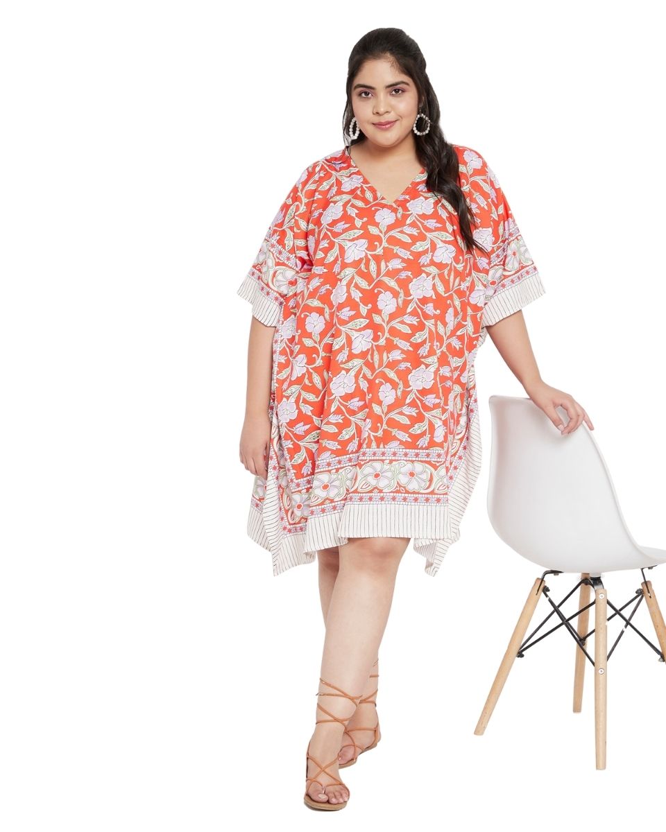 Floral Printed Orange Polyester Plus Size Tunic Top For Women