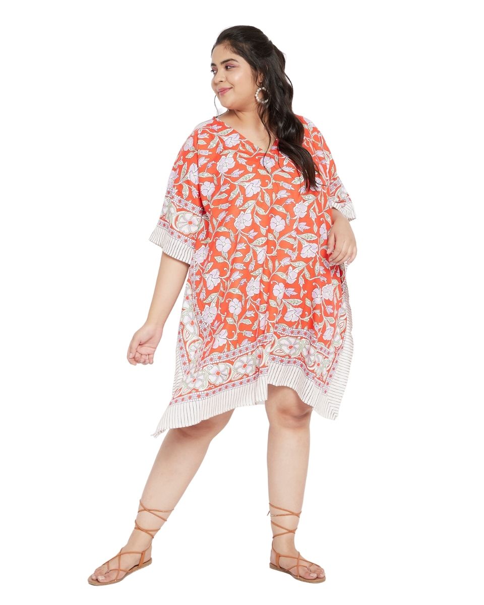Floral Printed Orange Polyester Plus Size Tunic Top For Women