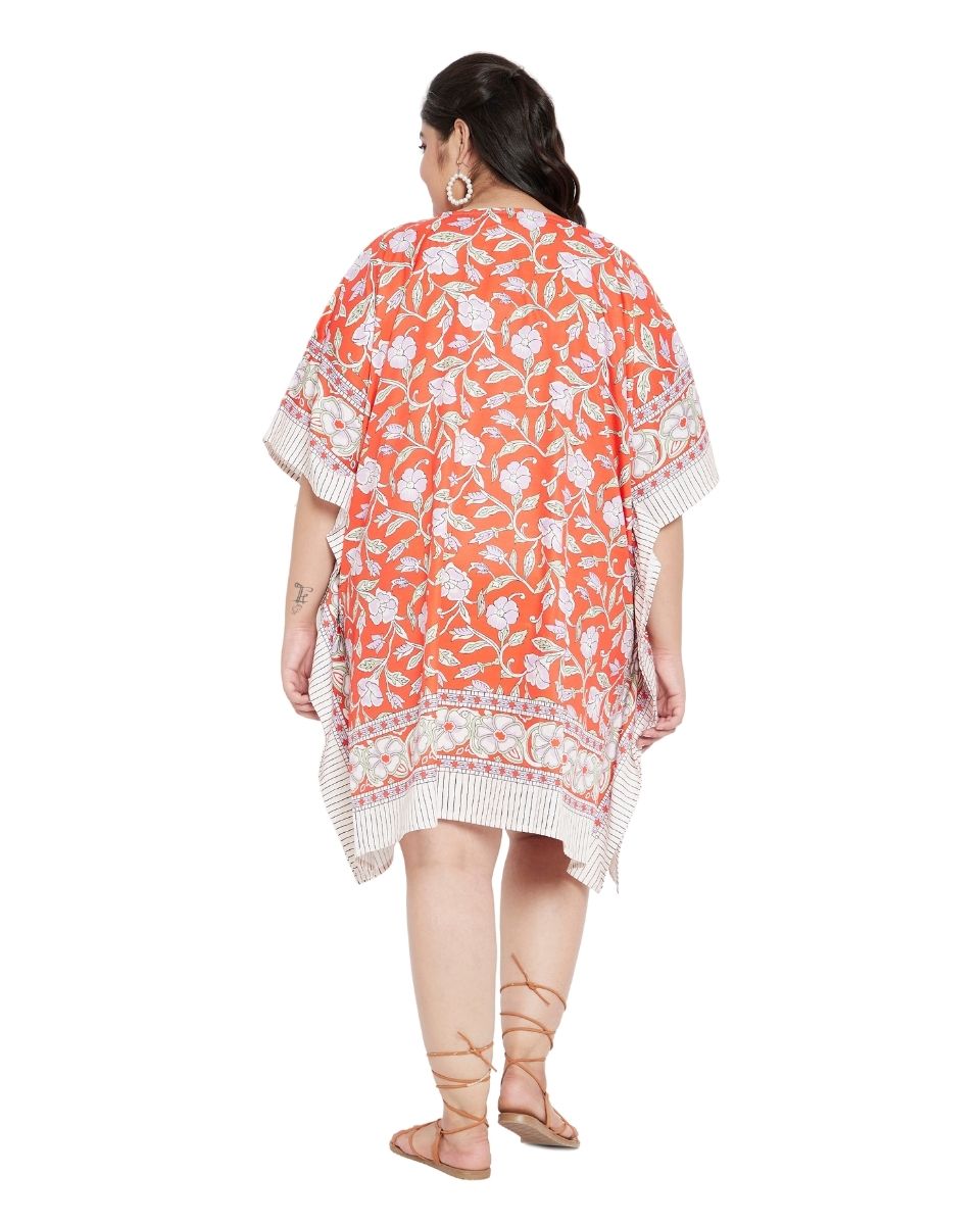 Floral Printed Orange Polyester Plus Size Tunic Top For Women