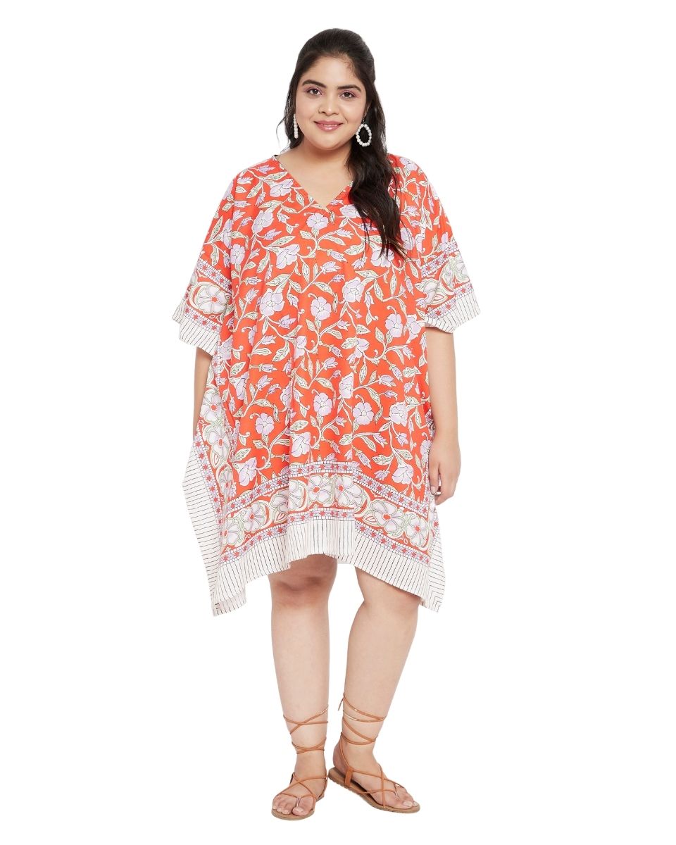 Floral Printed Orange Polyester Plus Size Tunic Top For Women