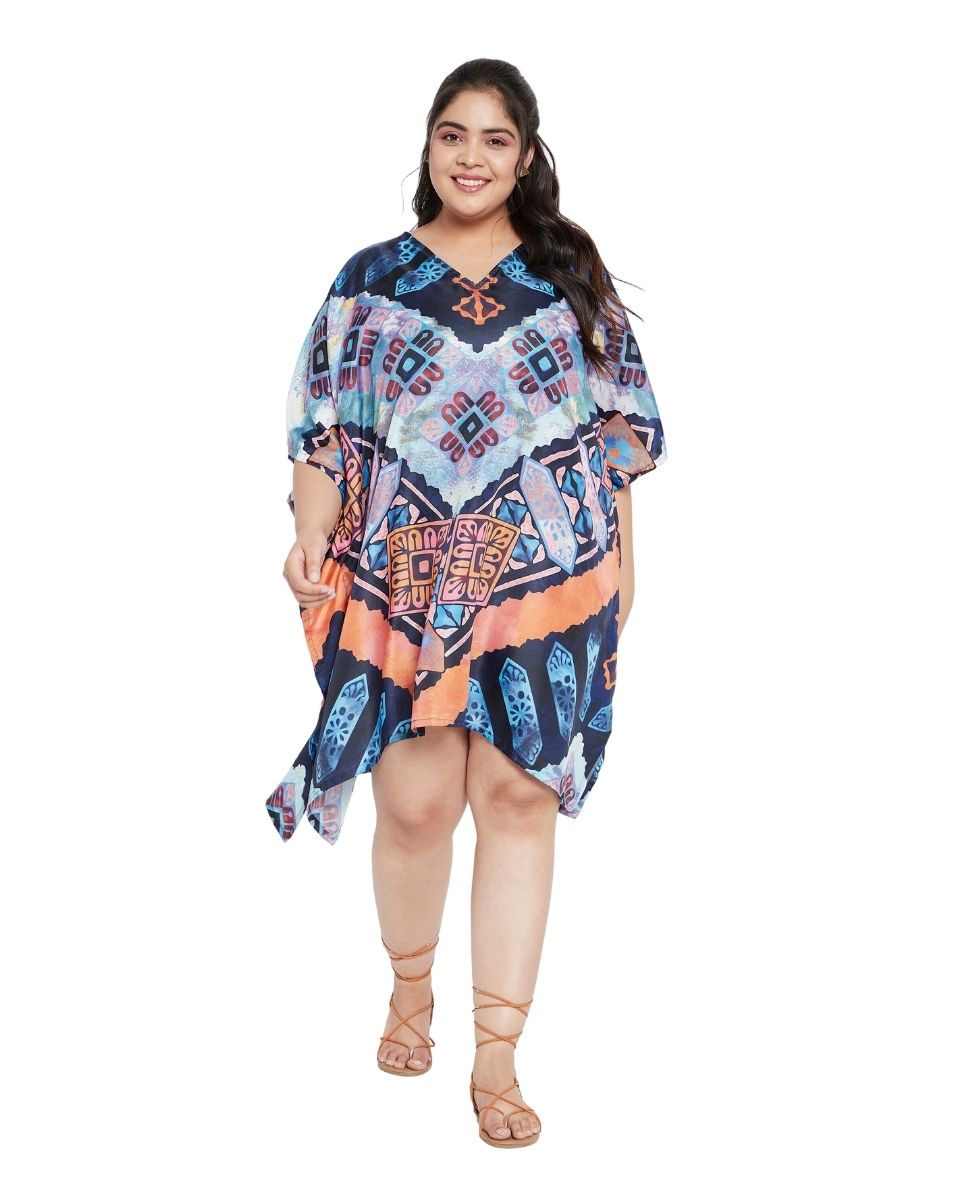 Geometric Printed Multicolor Polyester Plus Size Tunic Top For Women