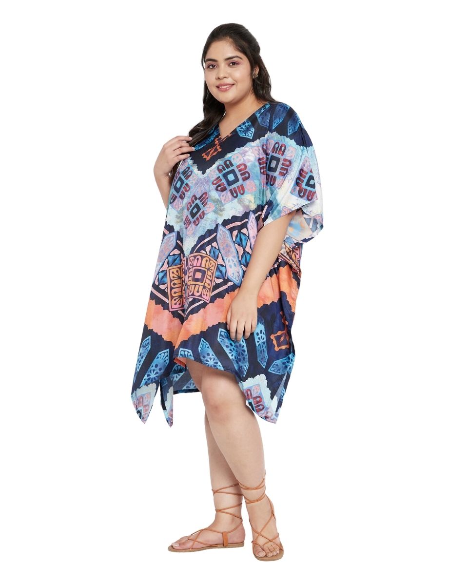 Geometric Printed Multicolor Polyester Plus Size Tunic Top For Women