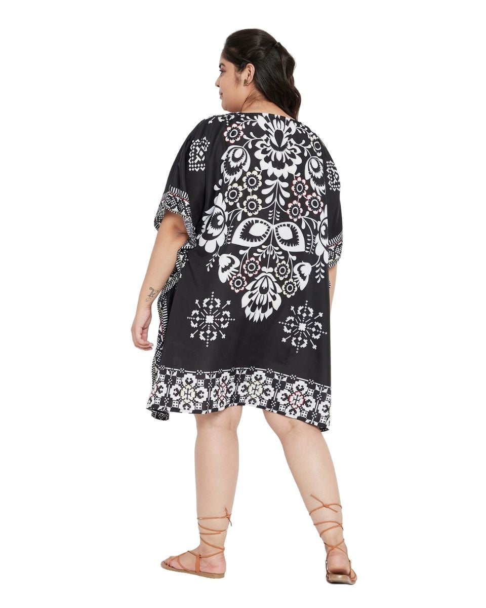 Floral Printed Black Polyester Tunic Top For Plus Size Women