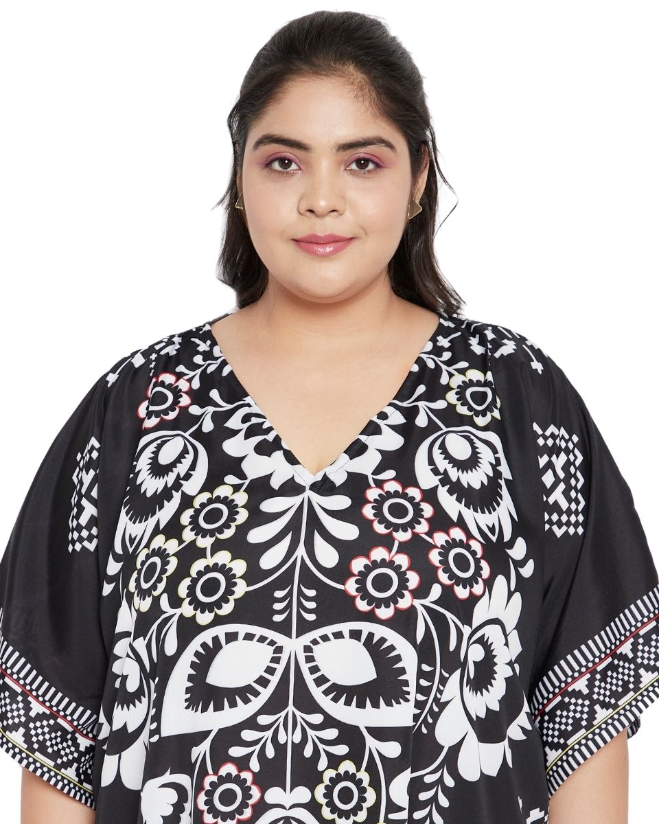 Floral Printed Black Polyester Tunic Top For Plus Size Women