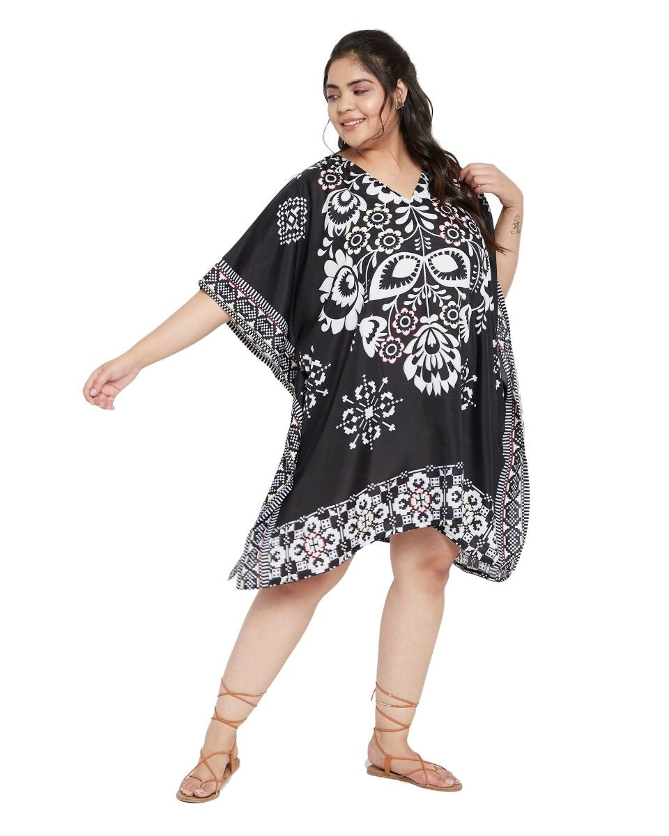 Floral Printed Black Polyester Tunic Top For Plus Size Women
