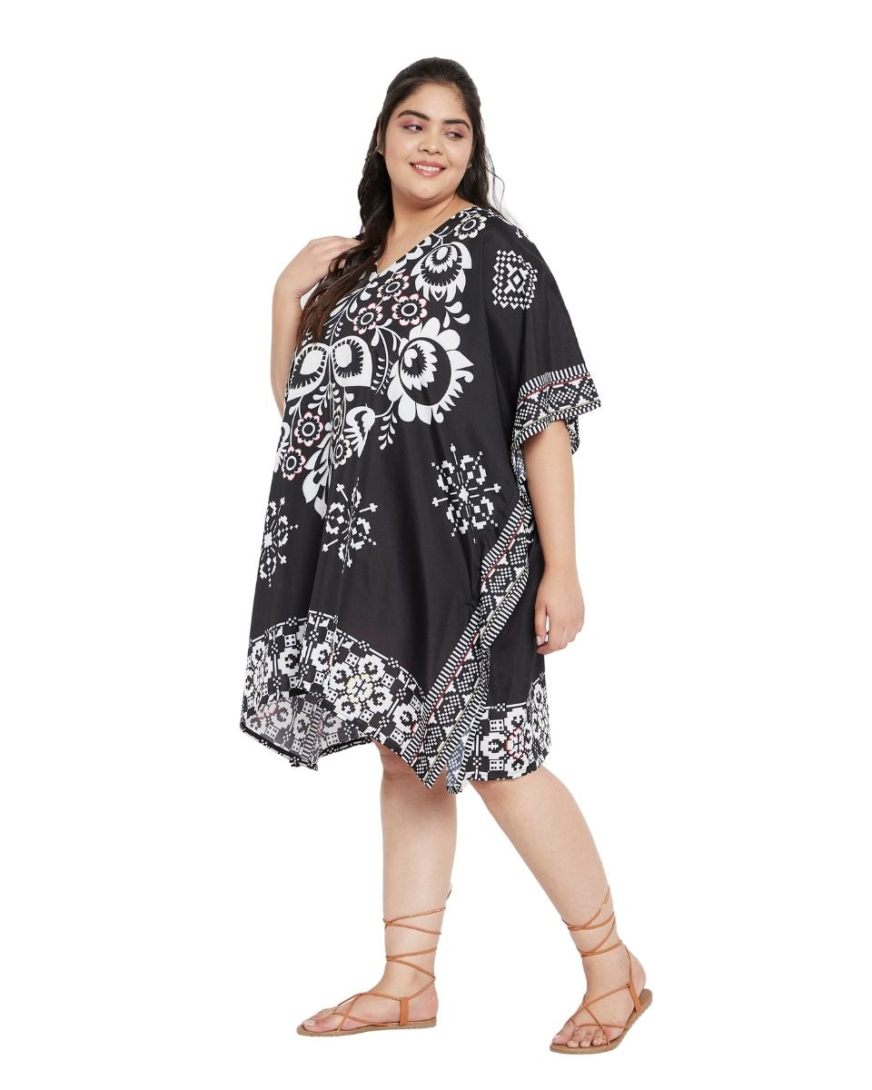 Floral Printed Black Polyester Tunic Top For Plus Size Women