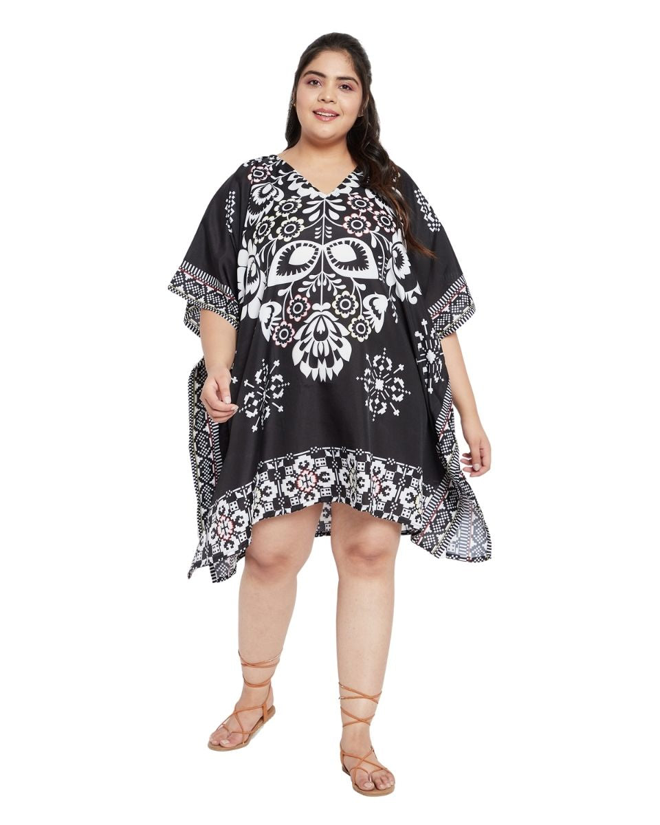 Floral Printed Black Polyester Tunic Top For Plus Size Women