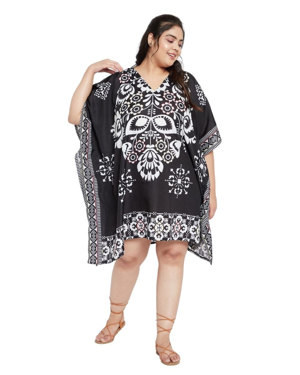 Floral Printed Black Polyester Tunic Top For Plus Size Women