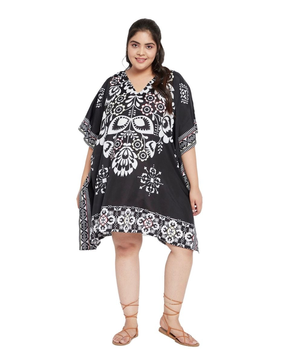 Floral Printed Black Polyester Tunic Top For Plus Size Women