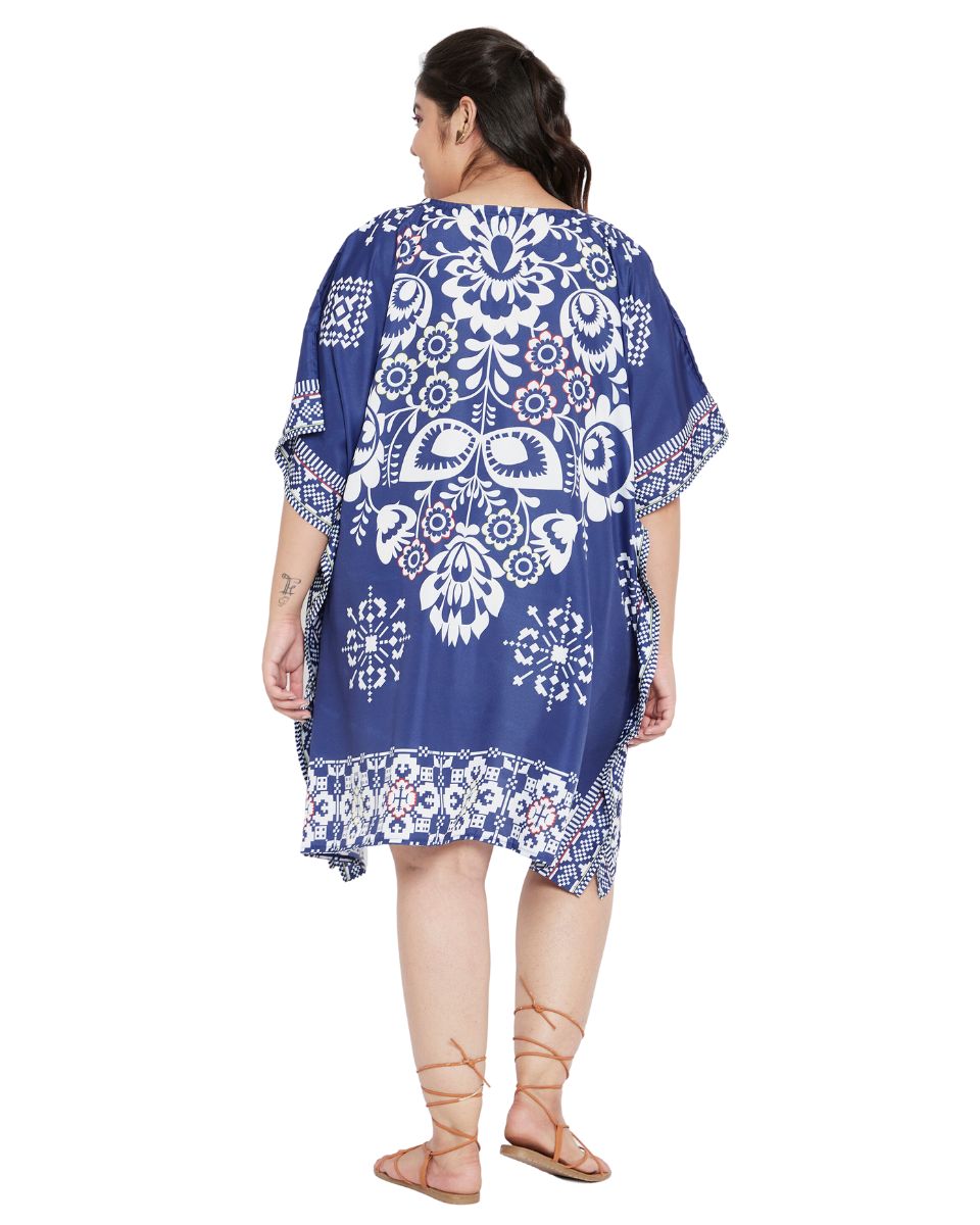 Floral Printed Blue Polyester Plus Size Tunic Top For Women