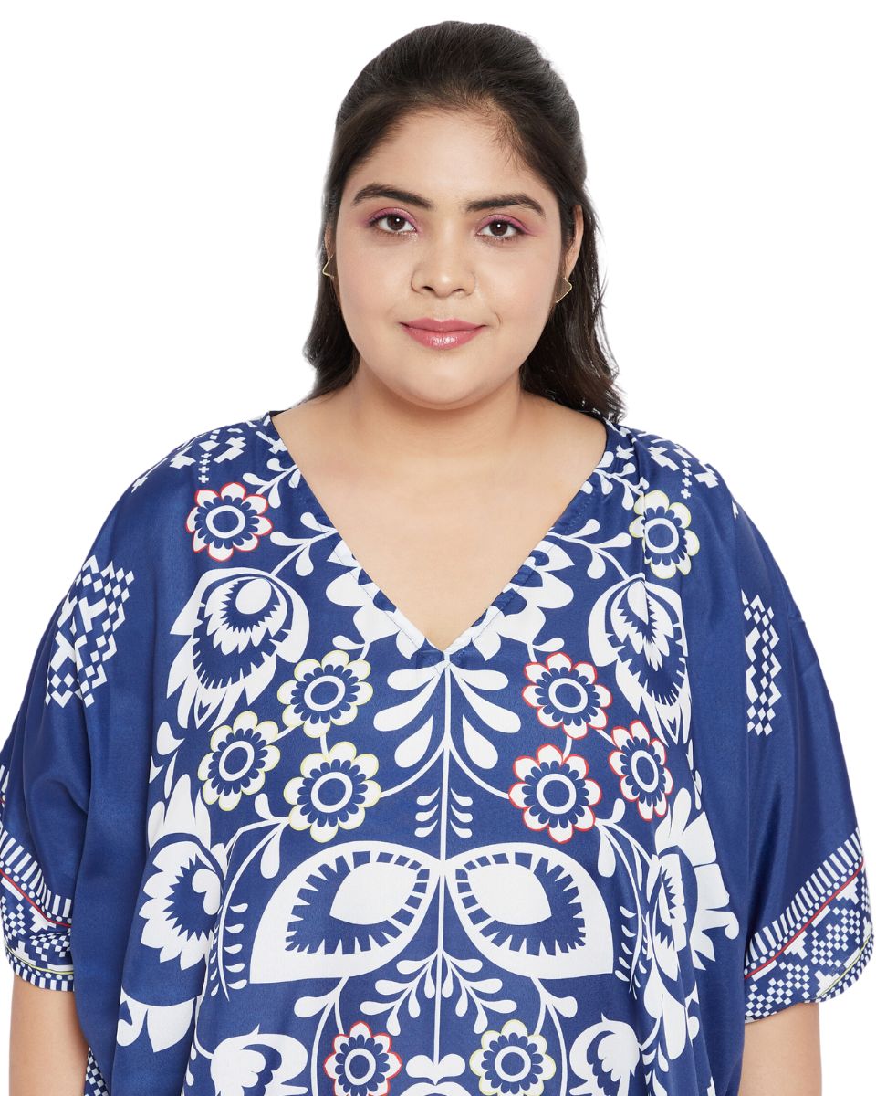 Floral Printed Blue Polyester Plus Size Tunic Top For Women