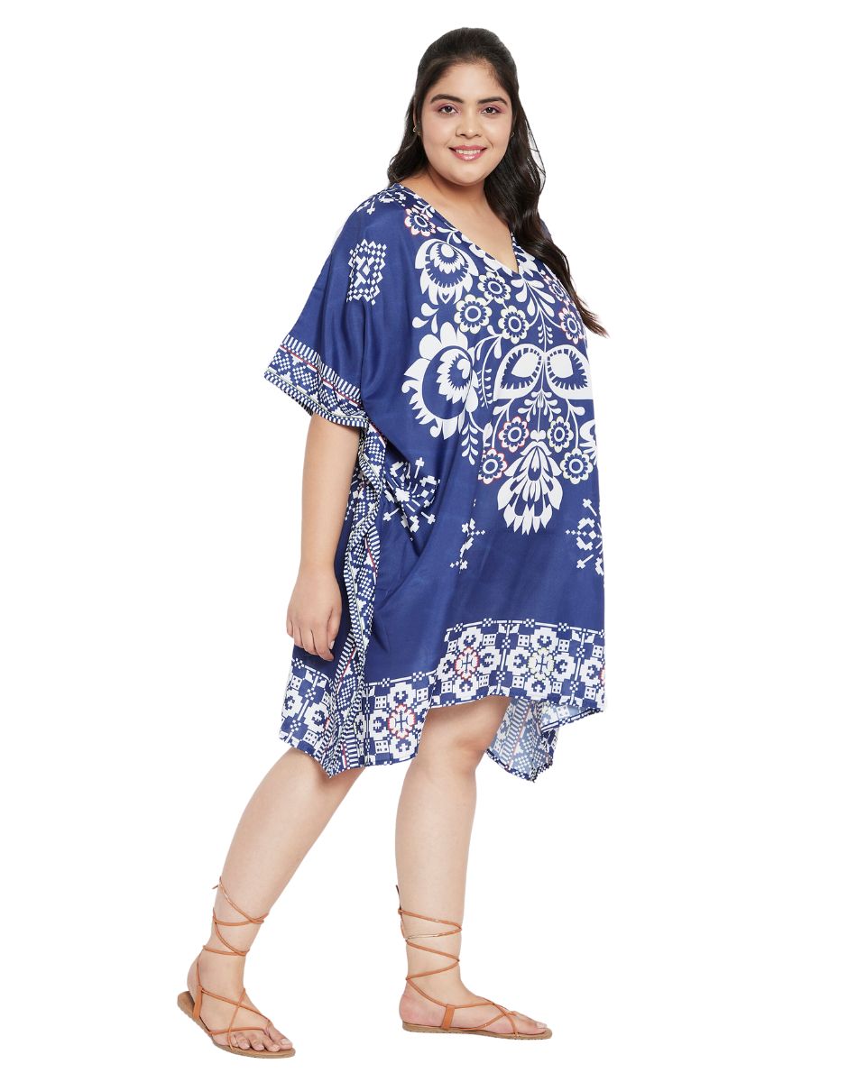 Floral Printed Blue Polyester Plus Size Tunic Top For Women