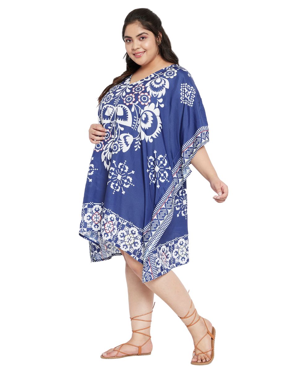Floral Printed Blue Polyester Plus Size Tunic Top For Women