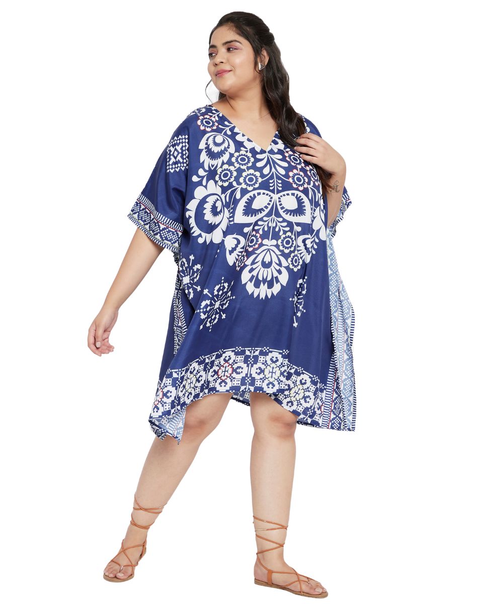 Floral Printed Blue Polyester Plus Size Tunic Top For Women