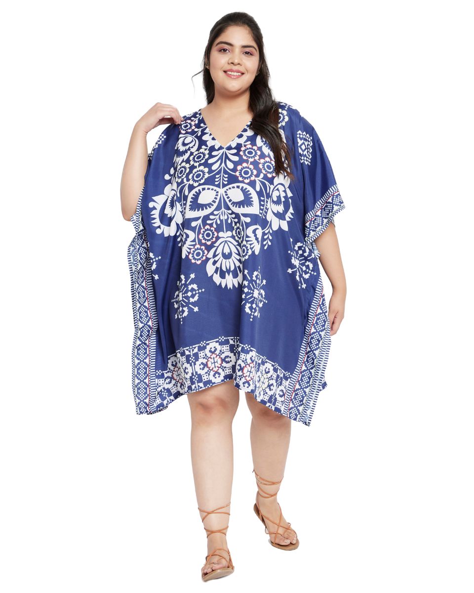 Floral Printed Blue Polyester Plus Size Tunic Top For Women