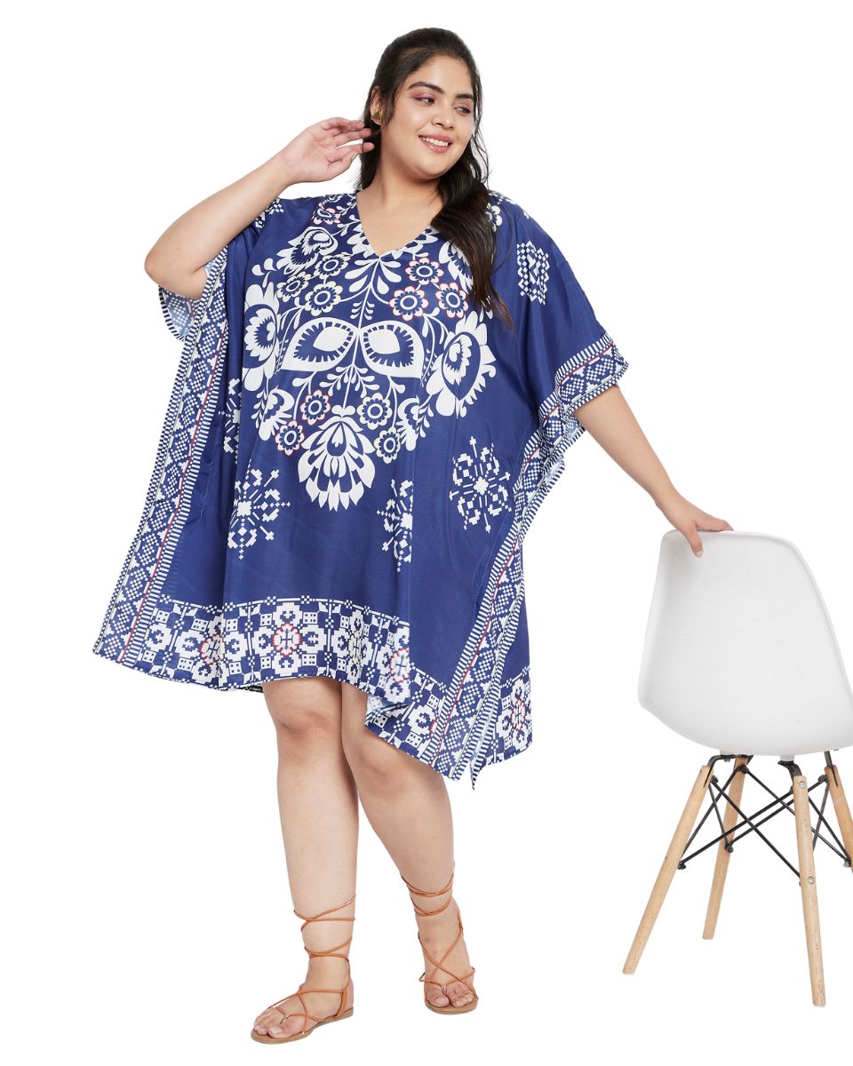Floral Printed Blue Polyester Plus Size Tunic Top For Women