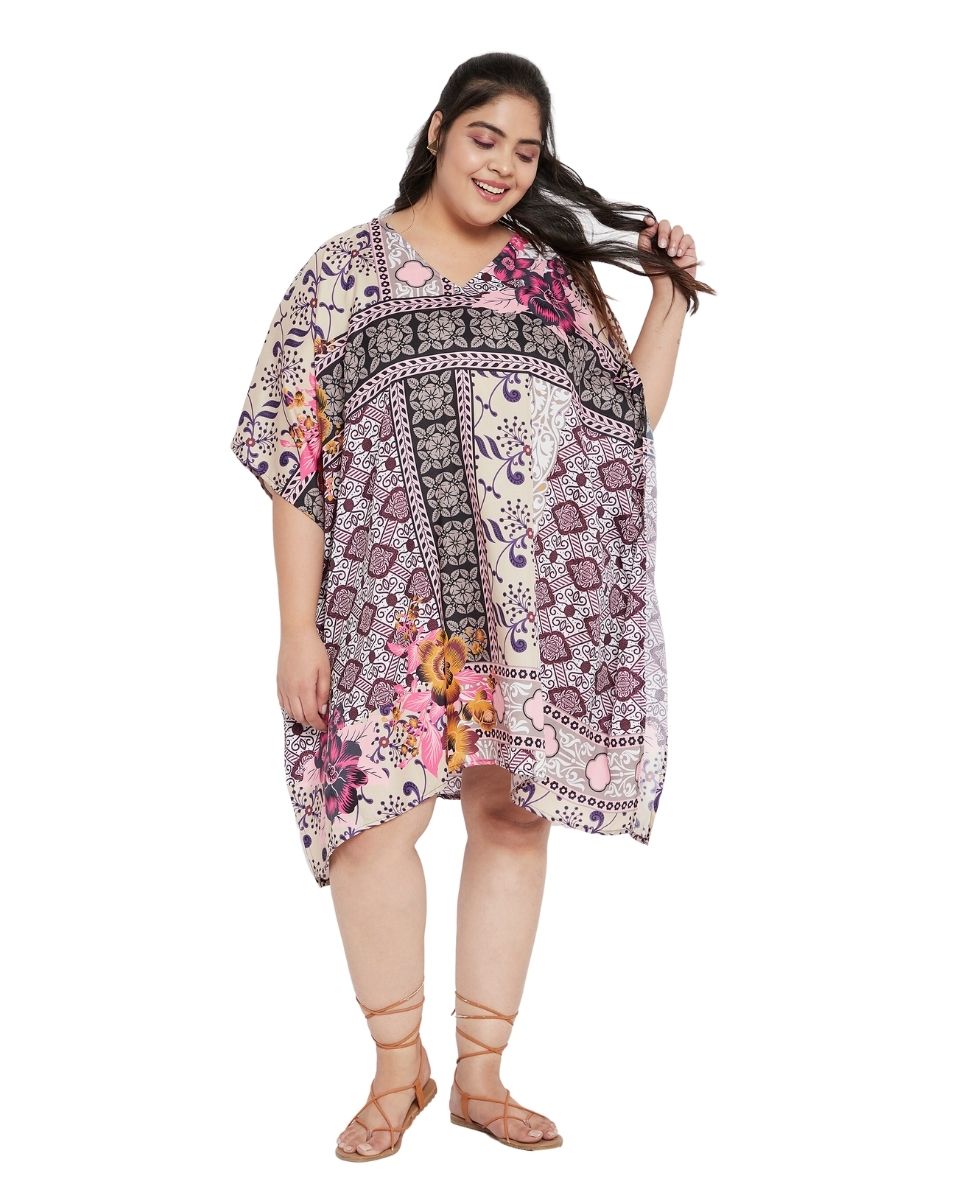 Floral Printed Multicolor Polyester Tunic Top For Plus Size Women