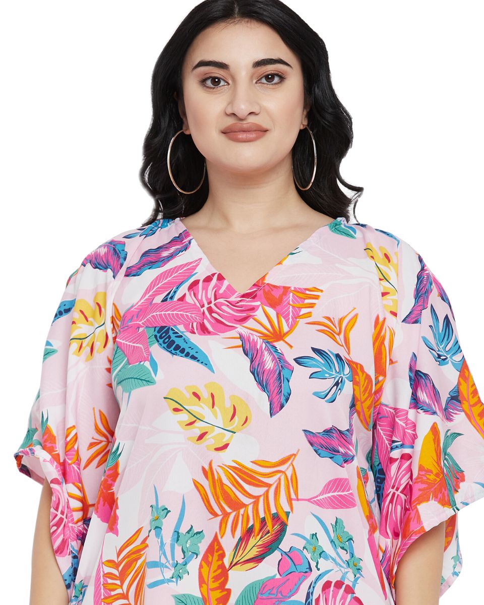 Leaf Printed Multicolor Polyester Tunic Top For Plus Size Women