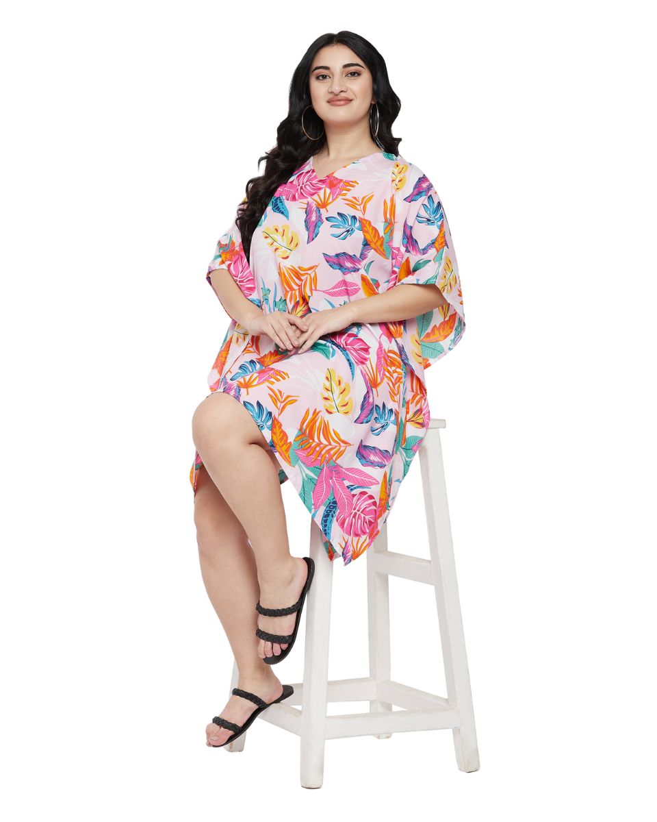 Leaf Printed Multicolor Polyester Tunic Top For Plus Size Women