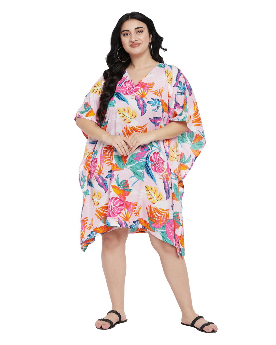 Leaf Printed Multicolor Polyester Tunic Top For Plus Size Women
