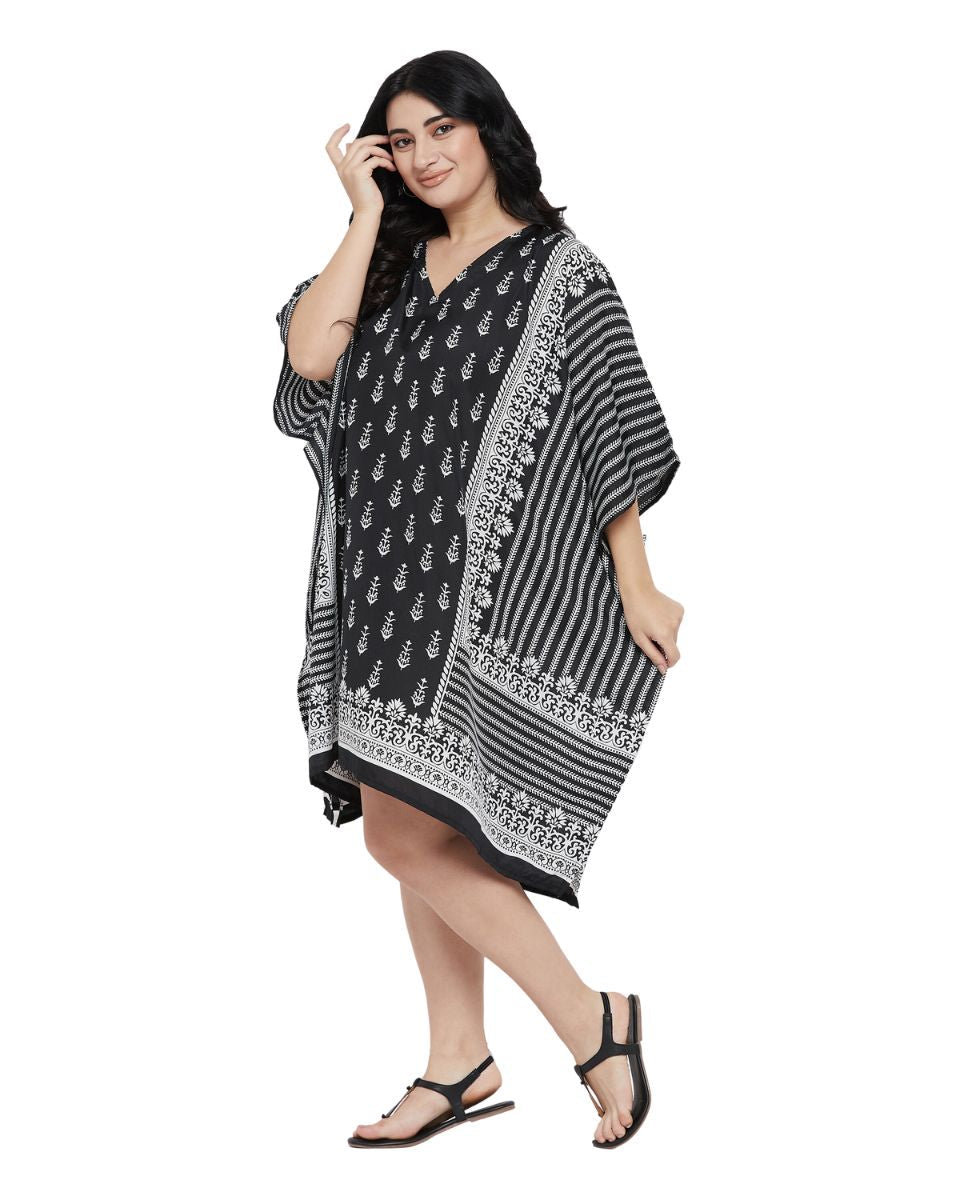 Floral Printed Black Polyester Tunic Plus Size Top For Women