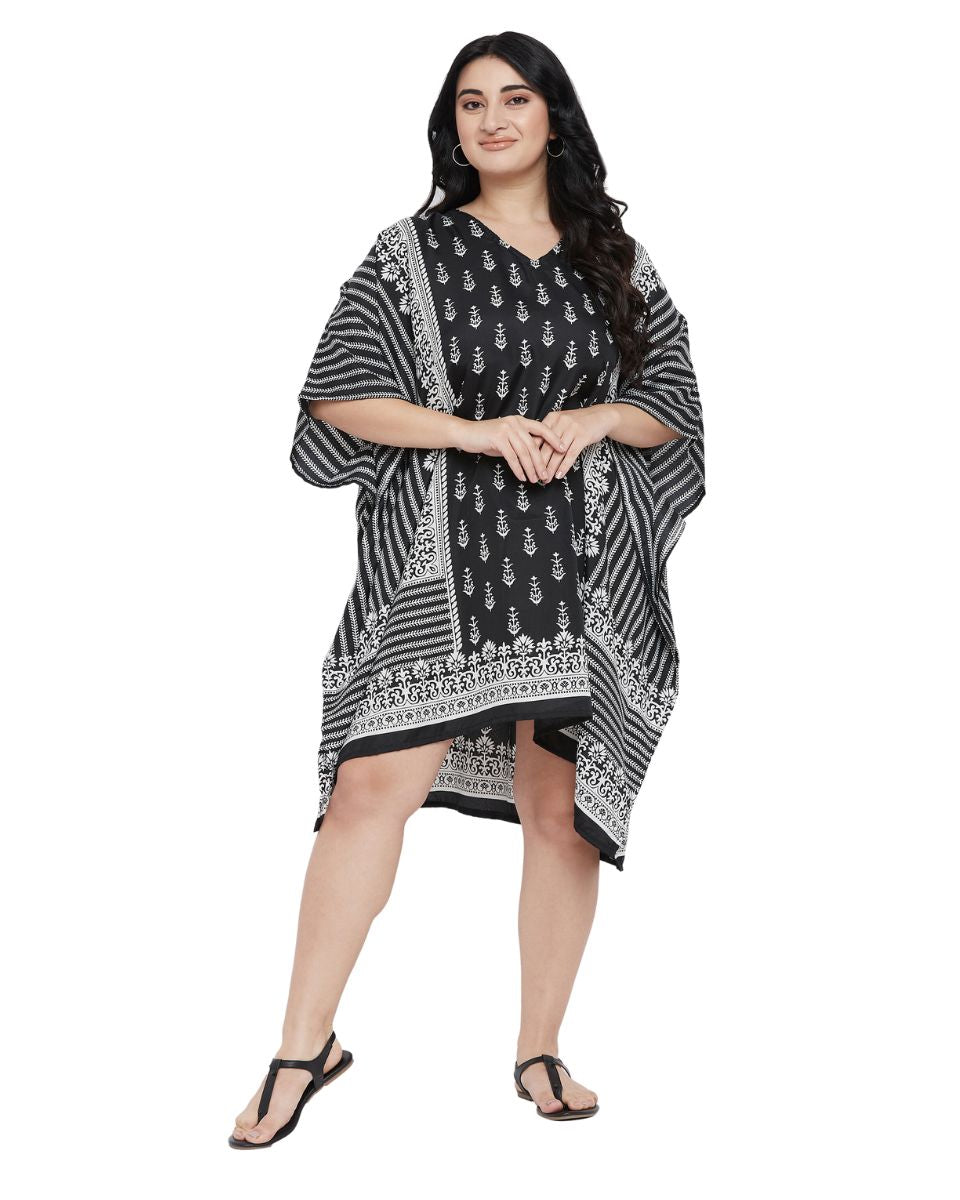 Floral Printed Black Polyester Tunic Plus Size Top For Women