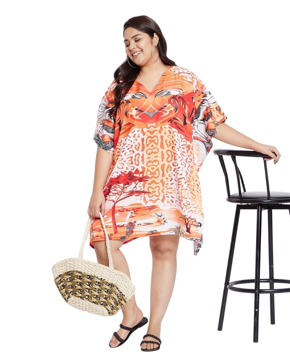 Orange Tunic Polyester Tribal Printed For Plus Size Women