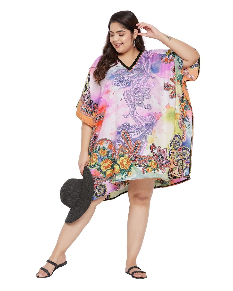 Floral Printed Multicolor Plus Size Polyester Tunic Top For Women