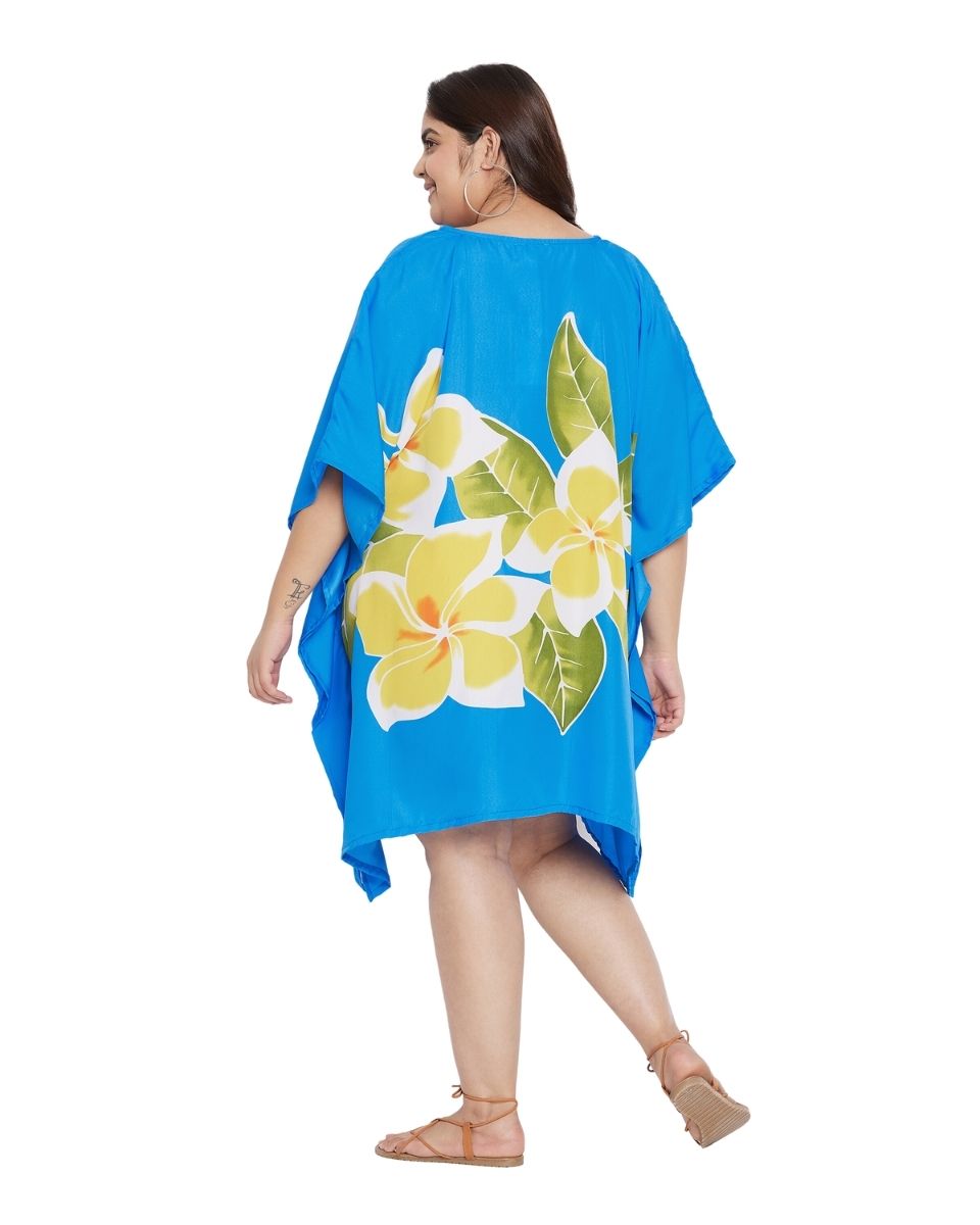 Floral Printed Sky Blue Polyester Plus Size Tunic Dress Top For Women