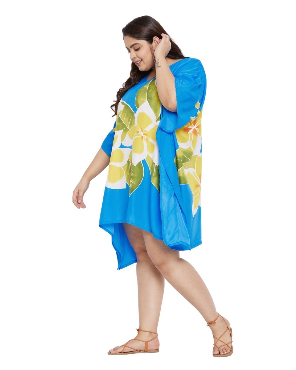 Floral Printed Sky Blue Polyester Plus Size Tunic Dress Top For Women