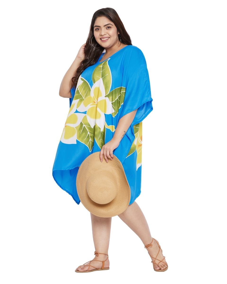 Floral Printed Sky Blue Polyester Plus Size Tunic Dress Top For Women