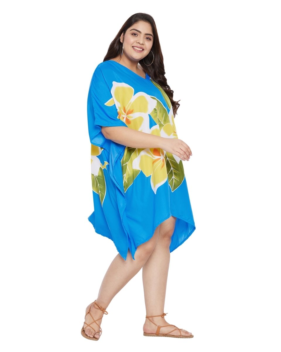 Floral Printed Sky Blue Polyester Plus Size Tunic Dress Top For Women