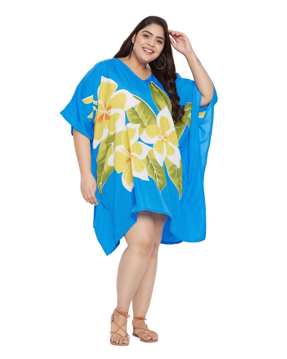 Floral Printed Sky Blue Polyester Plus Size Tunic Dress Top For Women