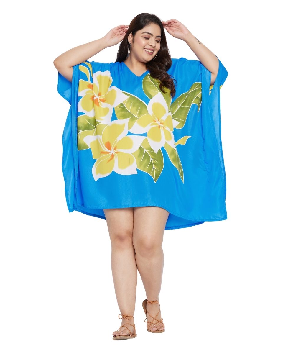 Floral Printed Sky Blue Polyester Plus Size Tunic Dress Top For Women